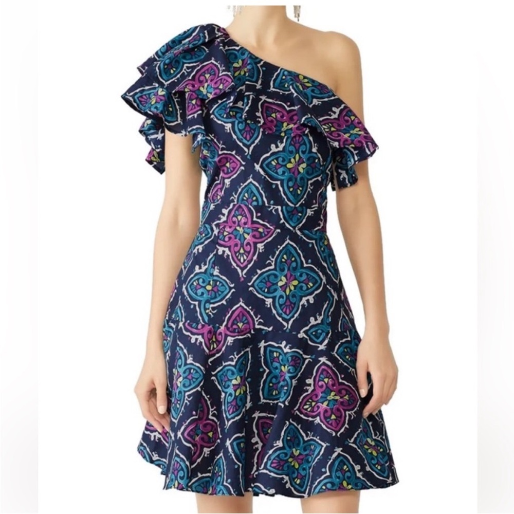 Josie natori premium cotton printed ruffle flare mini off shoulder dress